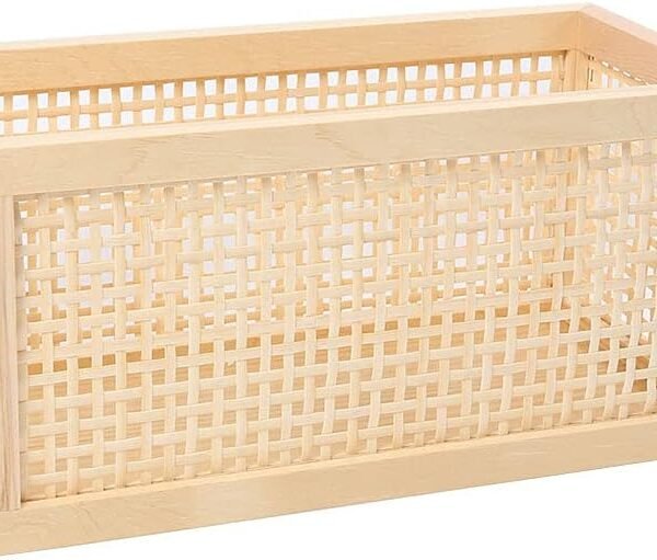 Small Wood Storage Basket, Rectangle Rattan Storage Box, Bamboo Storage Box for Bathroom Office Desktop