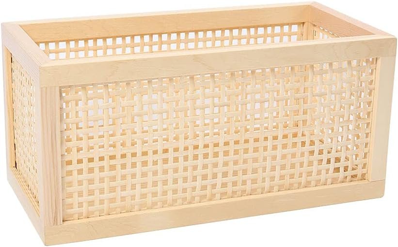 Small Wood Storage Basket, Rectangle Rattan Storage Box, Bamboo Storage Box for Bathroom Office Desktop