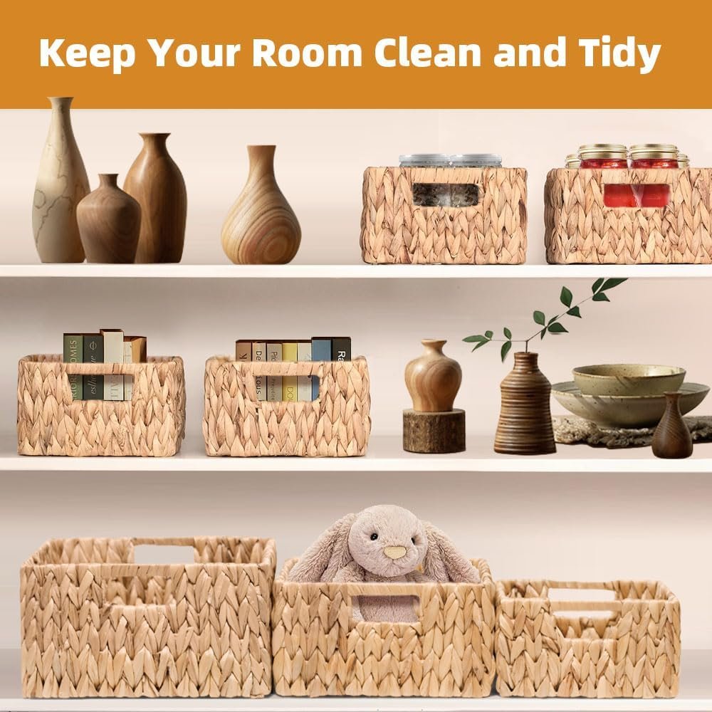 Wicker Storage Baskets Set of 3 Square 12'' Hand Woven Natural Water Hyacinth Storage Baskets Cubes with Built In Handles Pantry Organizers and Storage for Shelves Bathroom Kitchen Countertop Image 2