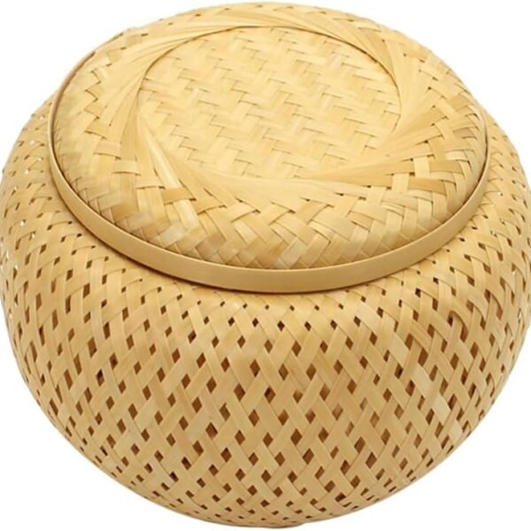 Bamboo Tea Basket with Lid Round Rattan Storage Jar Wicker Storage Baskets Woven Storage Canister Sticky Rice Steamer Baskets Snacks Fruit Basket Bamboo Weaving Steamer
