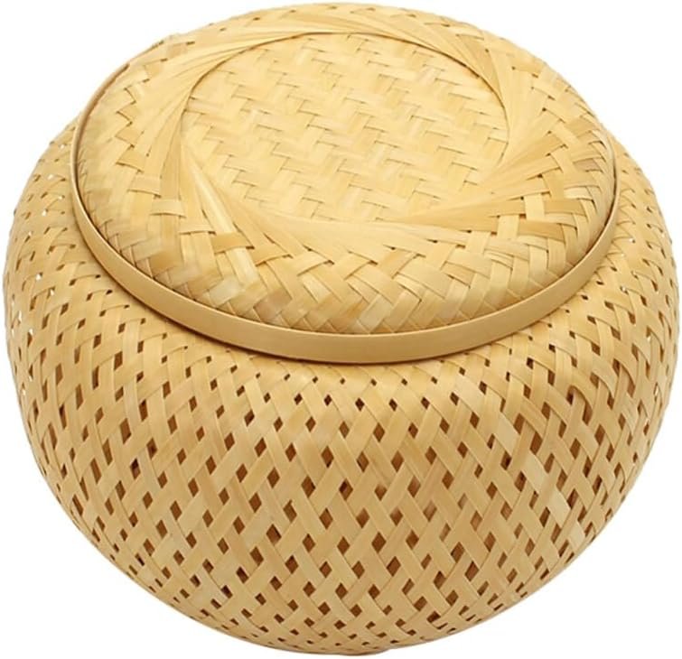 Bamboo Tea Basket with Lid Round Rattan Storage Jar Wicker Storage Baskets Woven Storage Canister Sticky Rice Steamer Baskets Snacks Fruit Basket Bamboo Weaving Steamer