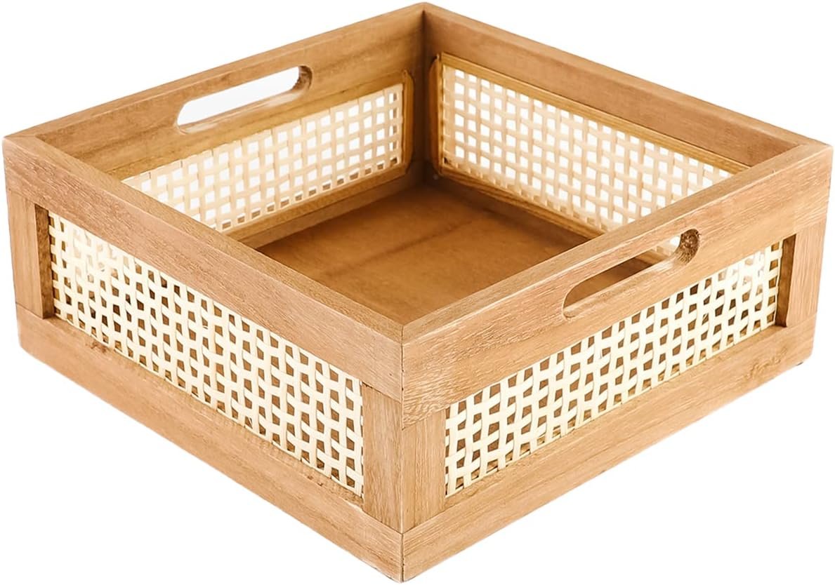 Woven Wooden Basket Wood Storage Crate Box, Decorative Rustic Basket Bamboo Basket with Built In Handles for Kitchen Pantry, Cabinet, Office, Bedroom, Rustic Country Decor (Brown)