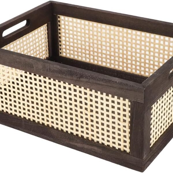 Bamboo Storage Basket, Wicker Storage Basket for Organizing, Wood Crate (Brown Large)