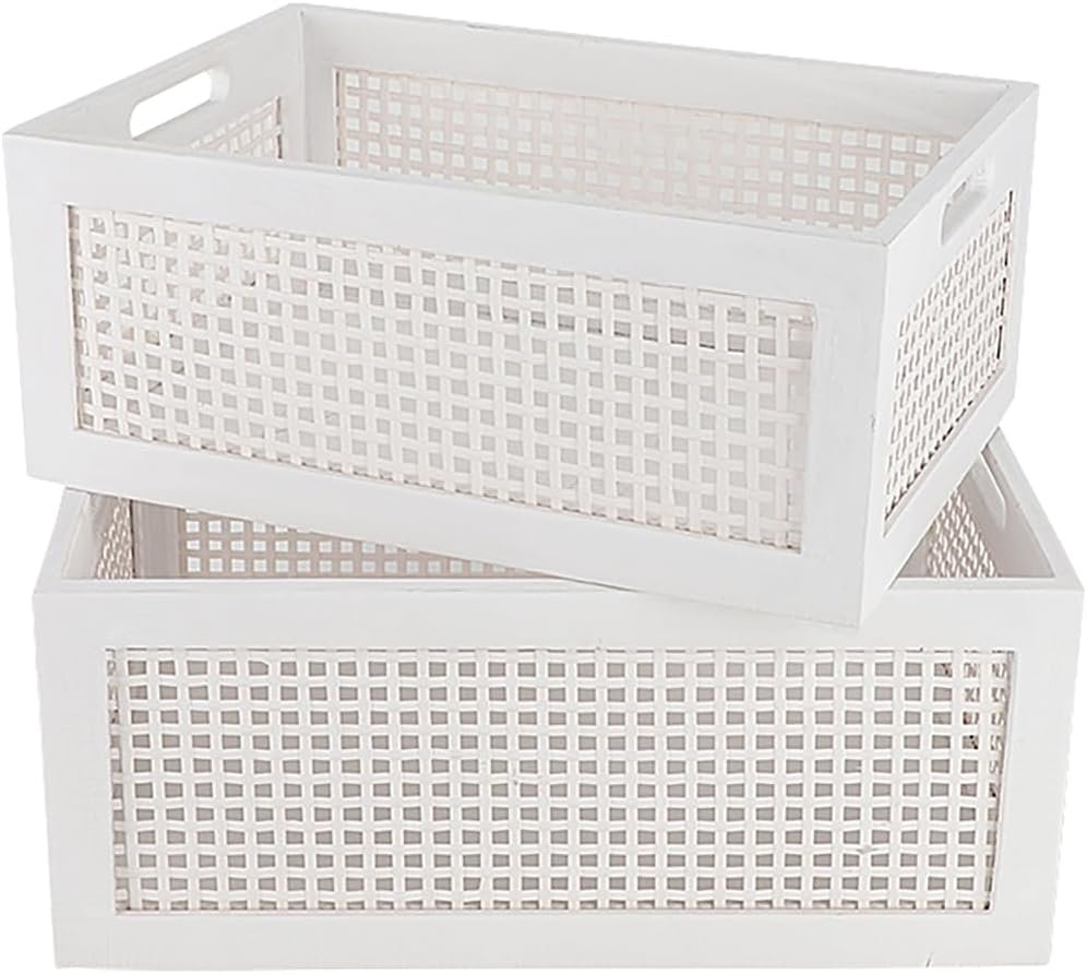 Wood Storage Baskets, Rattan Storage Baskets, Desk Office Drawer Storage Box (White Set2)