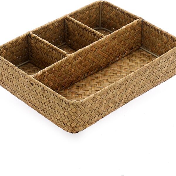 Desk Drawer Organizer Tray, Coffee Station Organizer Tea Bag Organizer, Woven Seagrass Storage Basket with 4 Divided Sections Handwoven Wicker Storage Basket for Shelves, Pantry, Coffee Bar