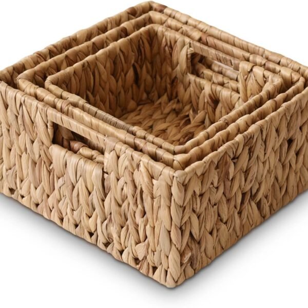Wicker Storage Baskets Set of 3 Square 12'' Hand Woven Natural Water Hyacinth Storage Baskets Cubes with Built In Handles Pantry Organizers and Storage for Shelves Bathroom Kitchen Countertop