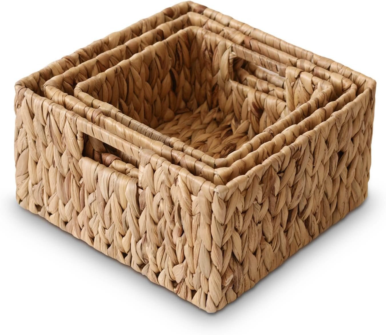 Wicker Storage Baskets Set of 3 Square 12'' Hand Woven Natural Water Hyacinth Storage Baskets Cubes with Built In Handles Pantry Organizers and Storage for Shelves Bathroom Kitchen Countertop