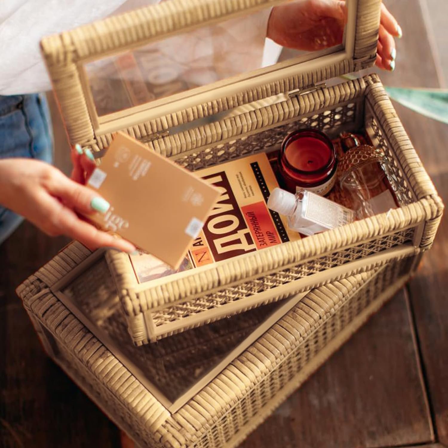 Handwoven Boho Rattan Display Boxes with Glass Lids Set of 2 Rectangular Decorative Storage Bins Natural Woven Cane Home Decor Organizers Image 2