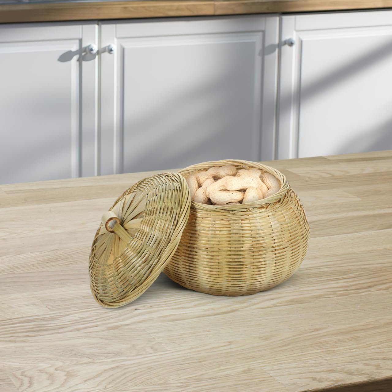 Bamboo Woven Basket with Lid Round Storage Organizer for Stationery and Snacks Bamboo Storage Basket for Home and Daily Use Image 2