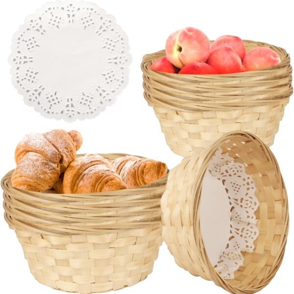 10 Pcs Round Bamboo Gift Basket, 7 9 x 7 9 x 3 5 Inch Woven Bread Baskets for Serving, Fruit and Food Serving Basket for Picnic Restaurant (Give Food Blotting Sheets)