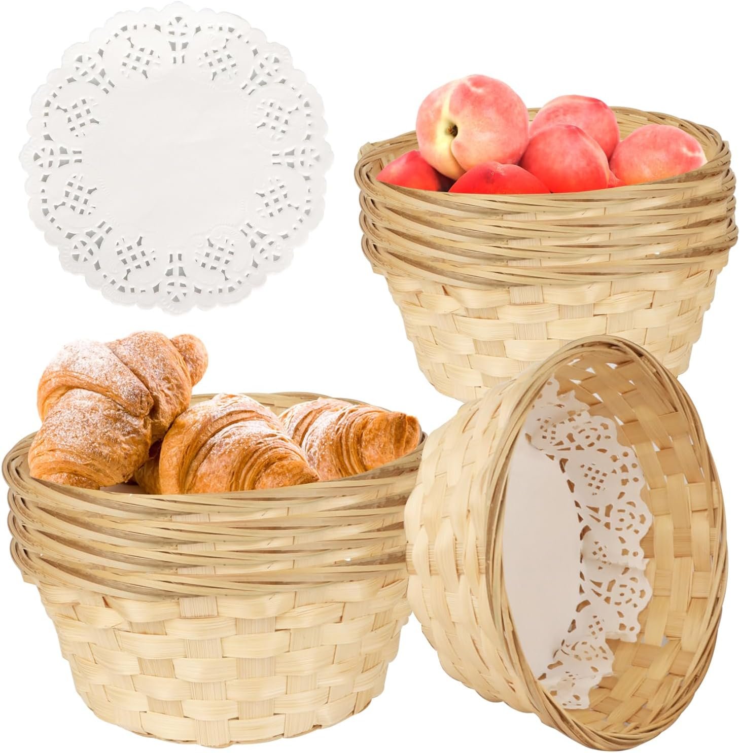 10 Pcs Round Bamboo Gift Basket, 7 9 x 7 9 x 3 5 Inch Woven Bread Baskets for Serving, Fruit and Food Serving Basket for Picnic Restaurant (Give Food Blotting Sheets)
