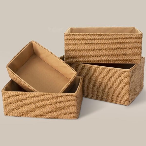 Recycled Wicker Storage Basket, Paper Rope Storage Baskets for Organizing Container Bins for Shelves Cupboards Drawer, Small Woven Basket Set of 4