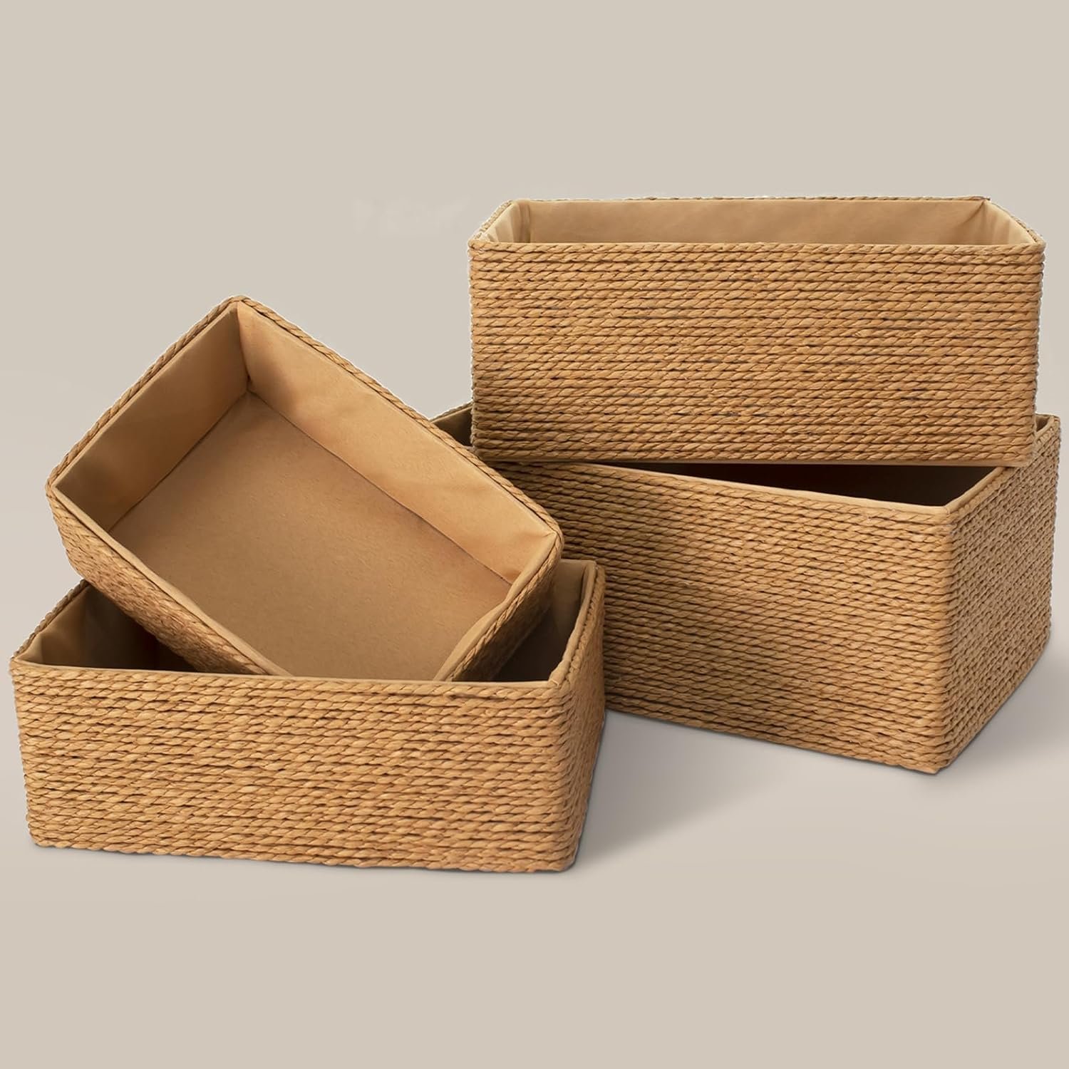 Recycled Wicker Storage Basket, Paper Rope Storage Baskets for Organizing Container Bins for Shelves Cupboards Drawer, Small Woven Basket Set of 4