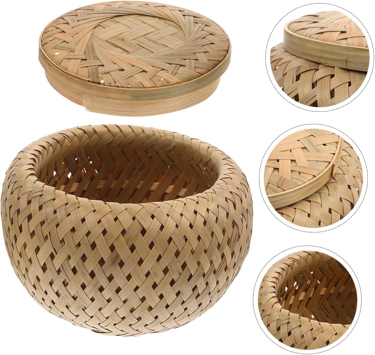 Bamboo Woven Storage Basket Lid Rattan Bread Basket Decorative Hamper for Fruits Multifunctional Desktop Organizing Basket Image 2