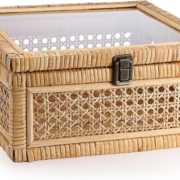 Rattan Decorative Box with Clear Lid and Lock Large Wicker Storage Basket Bin Handwoven Natural Rattan Basket Organizer Wood and Cane Display Box for Shelf Home Decor,11"x11"x5 1"