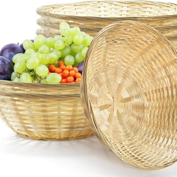 6 Pack Bamboo Bread Basket, 12 Inch Round Gift Baskets, Natural Bamboo Woven Wicker Berry Fruit Basket Food Storage Bin for Picnic Kitchen Restaurant