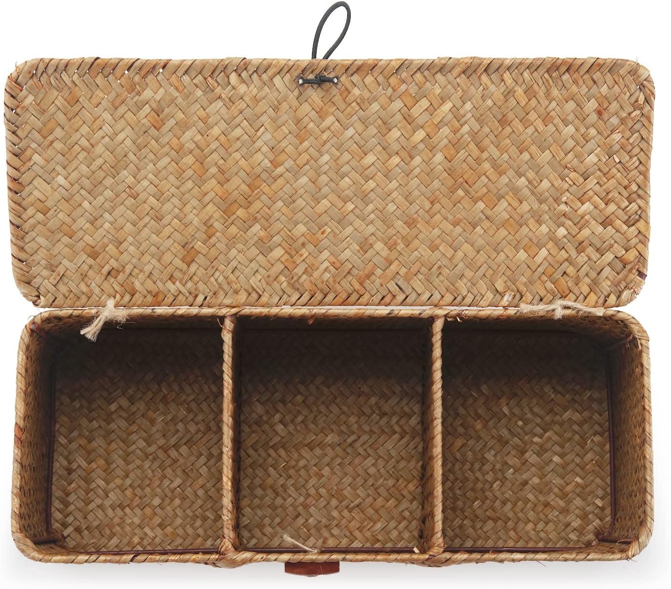 Seagrass Tank Basket with Lid Woven Toilet Roll Storage Basket with Sections Rectangular for Organize Snack Toys Tampon (Large Compartment 16 5inch L x 5 5inch W x 5 5inch H) Natural Image 2