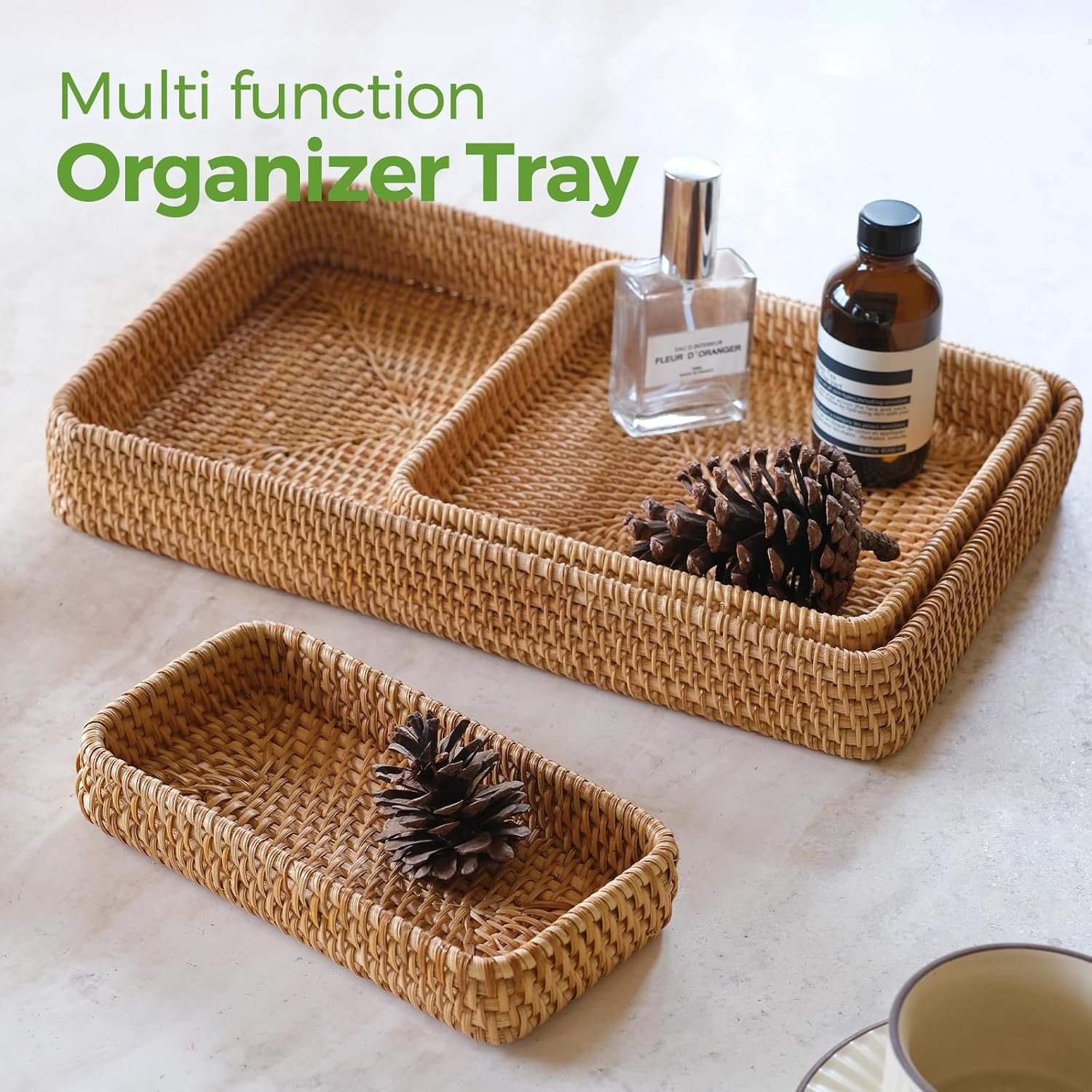 Rattan Serving Tray, Rectangle Basket Set of 3, Wicker Storage and Organizing Baskets, Natural Decorative Woven Tray for Home Decor, Bathroom, Kitchen Counter Image 2