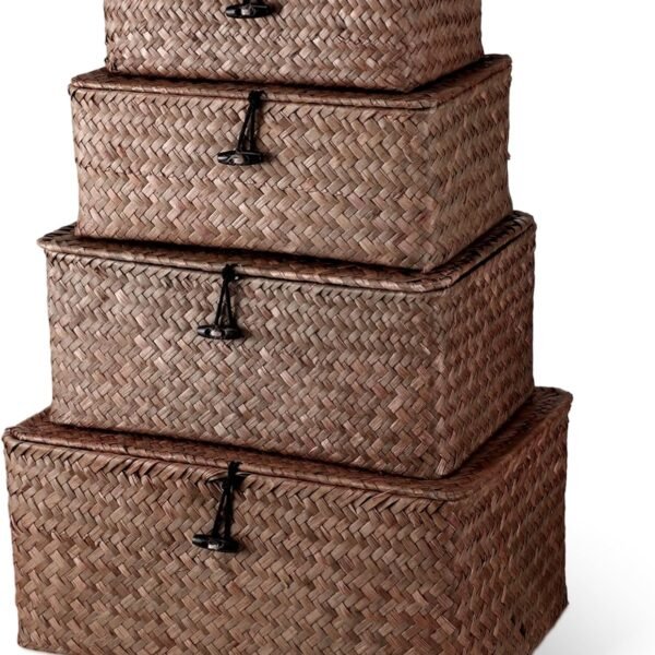 Set of 4 Wicker Storage Baskets Organizer,Handwoven Storage Bins with Lid for Organizing, Home Utility Box for Home Office Supplies Multipurpose Container(Coffee)