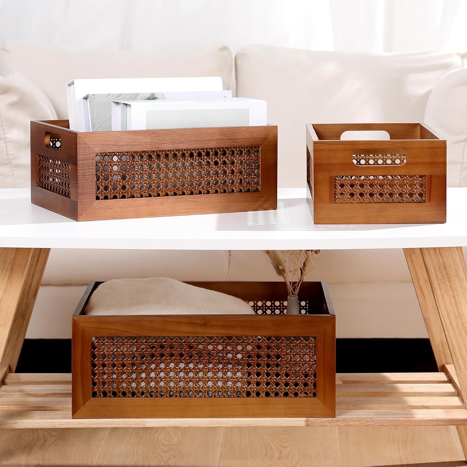 Wooden Storage Basket Set of 4 Handmade Rattan Drawer Storage Box with Frame & Handles Decorative Natural Bamboo Woven Bins Rustic Farmhouse Decor Home Office Tabletop Shelf Organizer Image 2