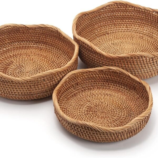 Rattan Bread Baskets Round Woven Fruit Bowls Key Holders Stackable for Storage, Snack, Fruit, Vegetable Natural Set of 3