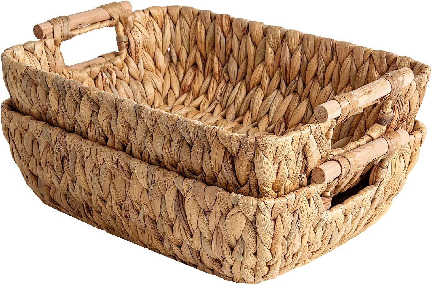 Hand Woven Large Storage Baskets with Wooden Handles, Water Hyacinth Wicker Baskets for Organizing, 2 Pack