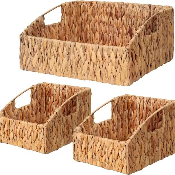 Natural Water Hyacinth Storage Baskets, Handwoven Wicker Storage Bins with Built in Handles, Storage Container Baskets for Shelves, Bedroom, Bathroom, Laundry Room or Kitchen(Set of 3)