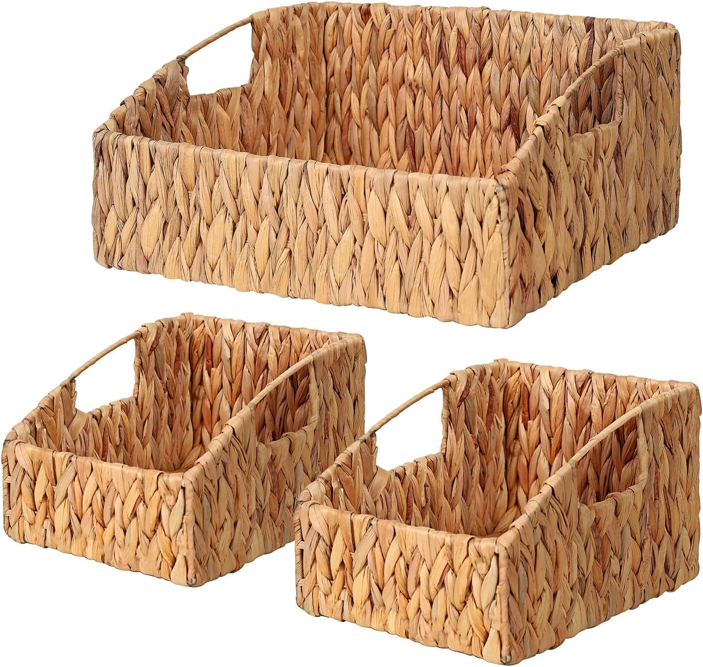 Natural Water Hyacinth Storage Baskets, Handwoven Wicker Storage Bins with Built in Handles, Storage Container Baskets for Shelves, Bedroom, Bathroom, Laundry Room or Kitchen(Set of 3)