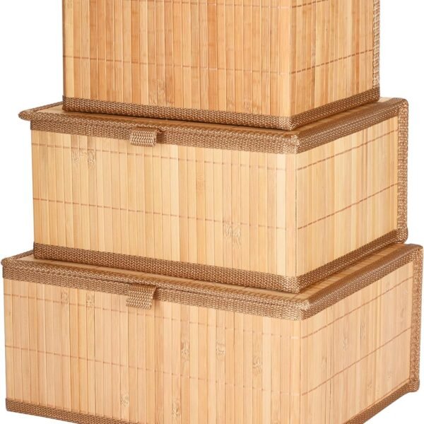 Bamboo Decorative Storage Boxes With Lids Nesting Rectangular Lidded Box for Organization Stackable Basket with Cloth Liner Organizer for Toys, Home, Office Woven Basket Set of 3