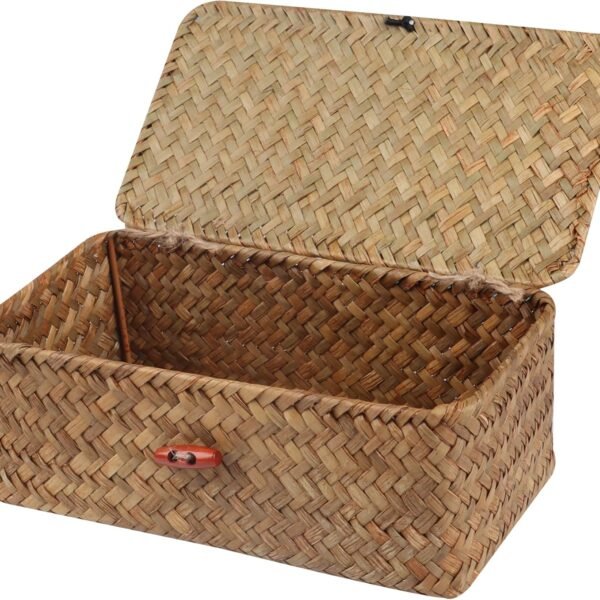 Wicker Shelf Baskets with Lid,Handwoven Seagrass Basket for Storage Basket Bins Rectangular Home Organizer Gift Boxes (Natural Small)