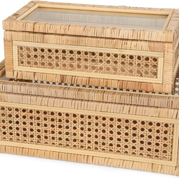 Handwoven Boho Rattan Display Boxes with Glass Lids Set of 2 Rectangular Decorative Storage Bins Natural Woven Cane Home Decor Organizers