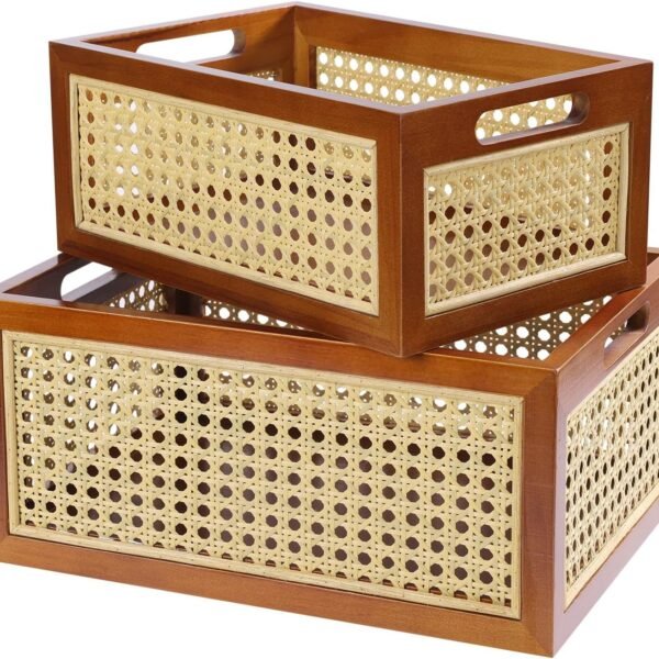 Rattan Storage Basket Set of 2 Handmade Natural Bamboo Woven Storage Bin for Organizing Decorative Wicker Box for Rustic Farmhouse Decor Home Office Tabletop Shelf Organizer