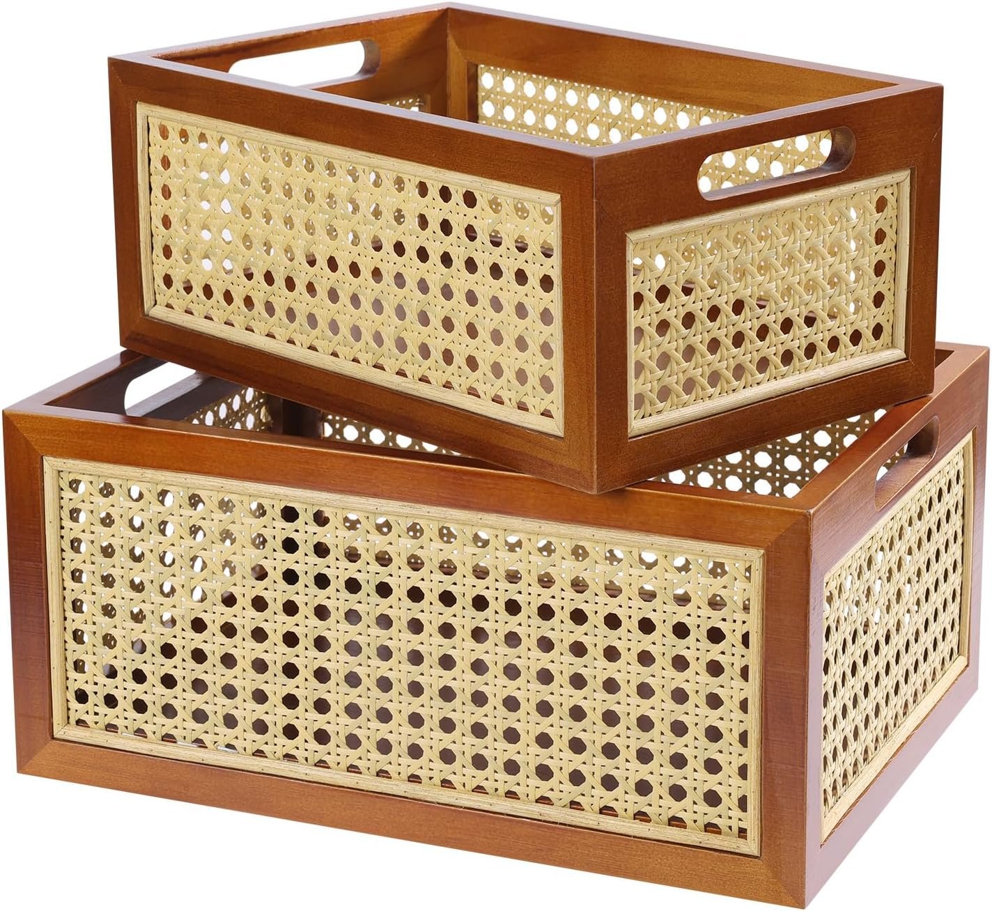 Rattan Storage Basket Set of 2 Handmade Natural Bamboo Woven Storage Bin for Organizing Decorative Wicker Box for Rustic Farmhouse Decor Home Office Tabletop Shelf Organizer