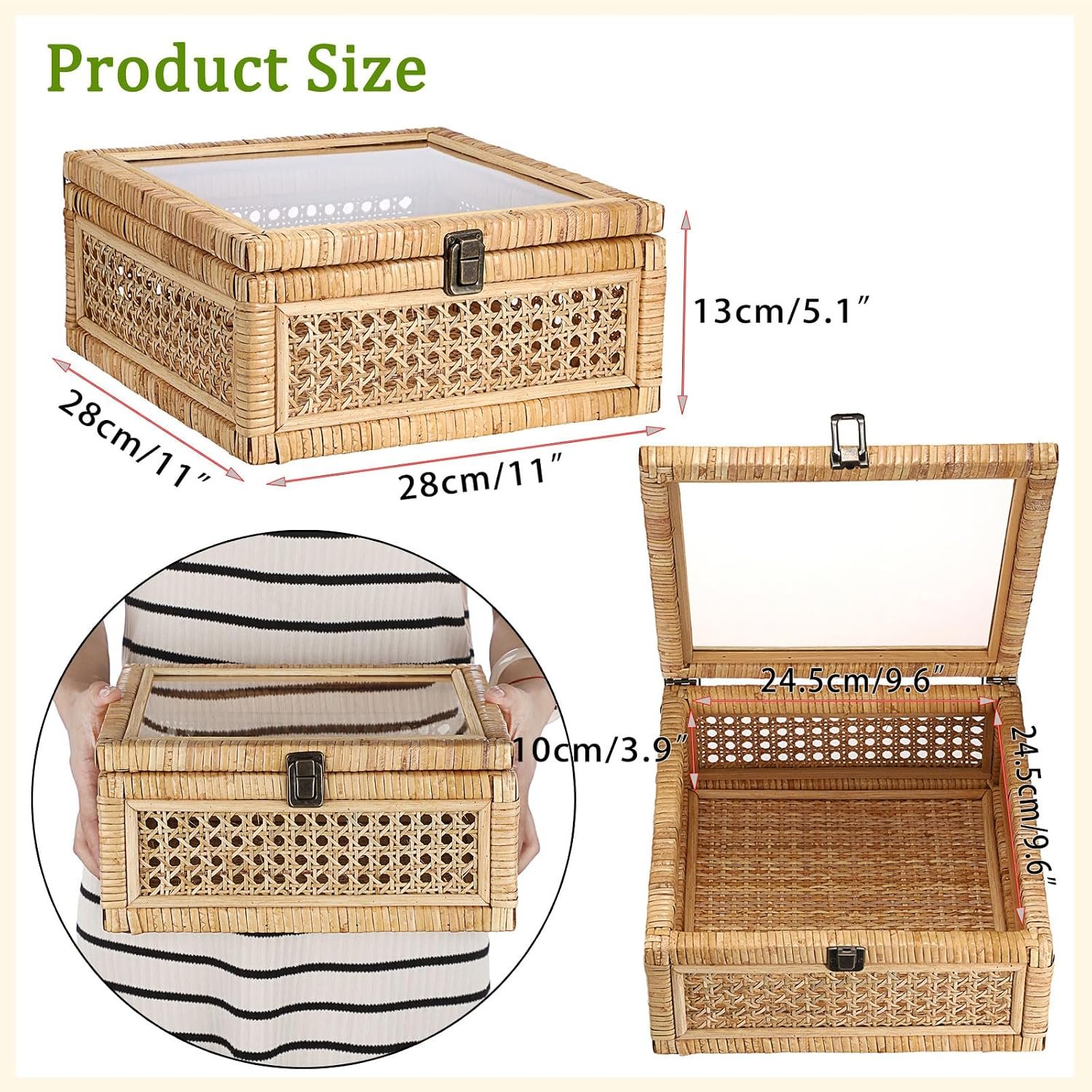 Rattan Decorative Box with Clear Lid and Lock Large Wicker Storage Basket Bin Handwoven Natural Rattan Basket Organizer Wood and Cane Display Box for Shelf Home Decor,11"x11"x5 1" Image 2