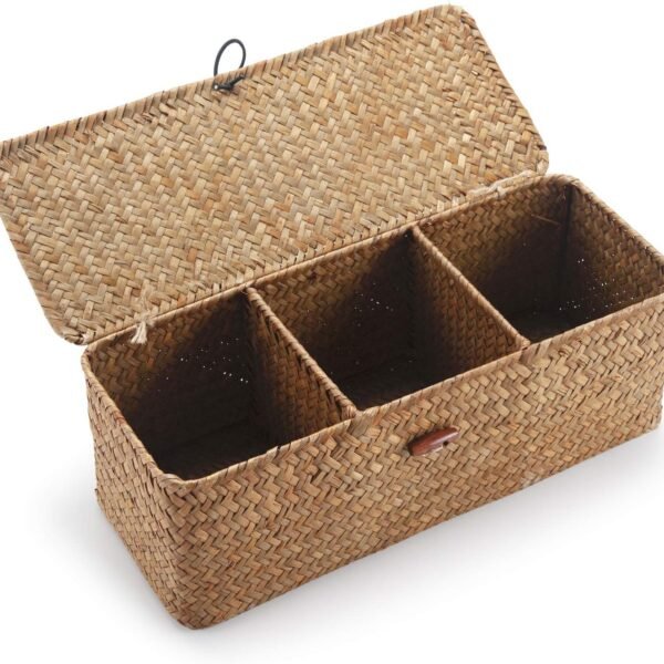 Seagrass Tank Basket with Lid Woven Toilet Roll Storage Basket with Sections Rectangular for Organize Snack Toys Tampon (Large Compartment 16 5inch L x 5 5inch W x 5 5inch H) Natural