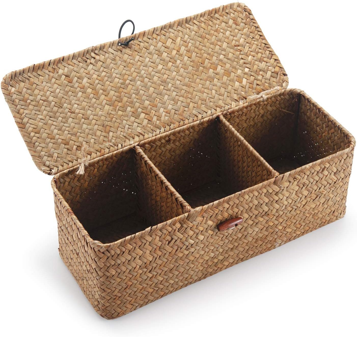 Seagrass Tank Basket with Lid Woven Toilet Roll Storage Basket with Sections Rectangular for Organize Snack Toys Tampon (Large Compartment 16 5inch L x 5 5inch W x 5 5inch H) Natural